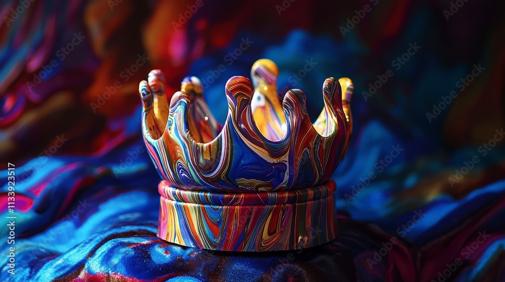 Poster colorful crown crafted from wrapping paper artistic showcase vibrant studio setting eye-level perspe