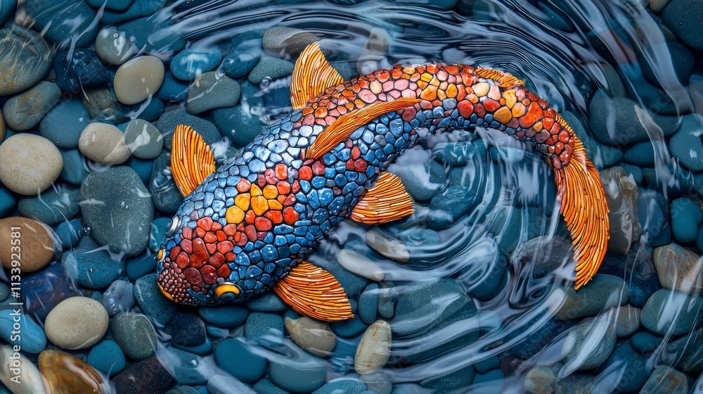 Poster dynamic koi fish design from polished pebbles in a tranquil water aesthetic for nature enthusiasts