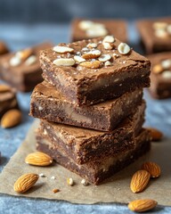 A stack of delicious chocolate brownies topped with nuts, surrounded by almonds.