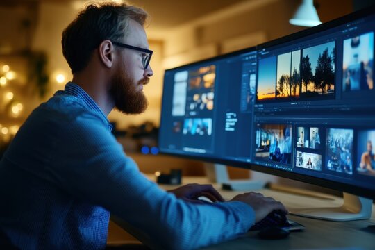 Graphic Designer Creating Visual Content on Computer with Warm Ambient Lighting in Cozy Workspace with Multiple Monitors Displaying Images