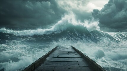Stormy Ocean Waves Crashing Near A Pier