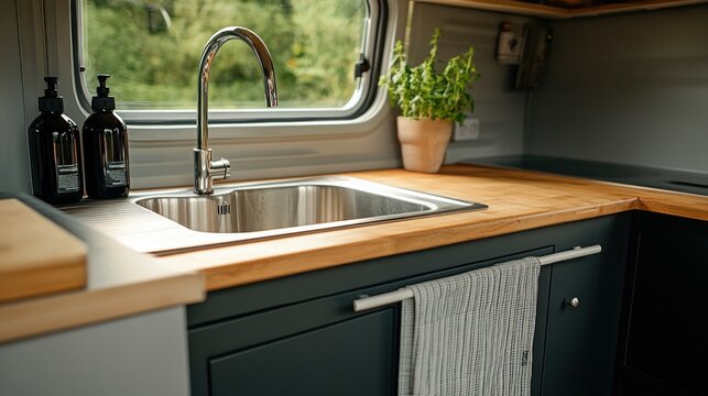 Modern campervan kitchen sink with wood countertop.