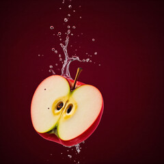 Water splashing on Fresh Red Apple fruit isolated on a red background