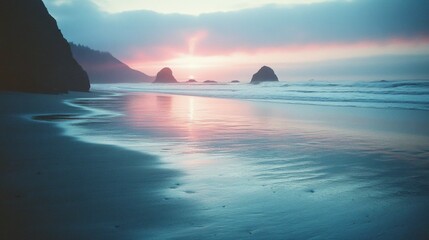 A film photograph of an empty beach at sunrise, the horizon glowing with muted pastel hues, and the soft texture of film adding a dreamy, timeless quality." 
