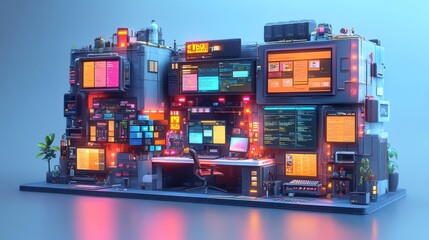 Fototapeta premium Cyberpunk Workstation: A Futuristic Digital Oasis