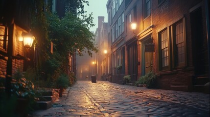 Fototapeta premium A nostalgic film photograph of a quiet cobblestone street at dusk, with warm, natural light and soft grain adding vintage charm.