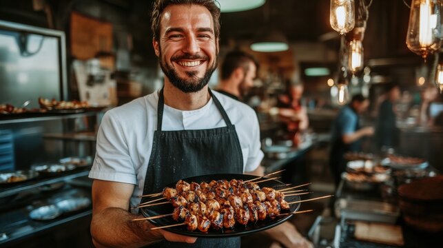 A smiling chef showing off a plate of grilled skewers, set in a lively open-kitchen environment - Powered by Adobe