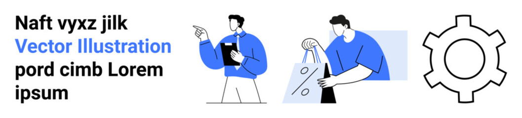 Two characters, one with a clipboard pointing, another holding shopping bags, alongside a gear icon and placeholder text. Ideal for business, teamwork, commerce, settings, presentations marketing