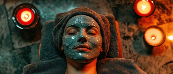 relaxing spa treatment with facial mask and candles