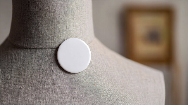 A blank white button badge displayed on a mannequin’s lapel in a bright studio setting. The lighting is soft and neutral, making the badge the focal point for branding purposes