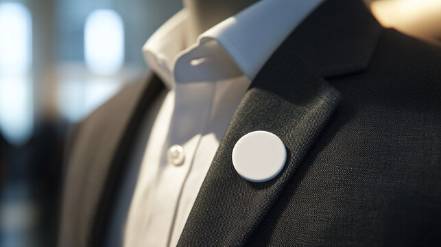 A blank white button badge displayed on a mannequin’s lapel in a bright studio setting. The lighting is soft and neutral, making the badge the focal point for branding purposes
