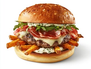 A gourmet burger with prosciutto, arugula, and sweet potato fries, served on a toasted bun.