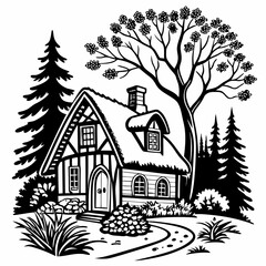 Fototapeta premium Christmas Cottage Farm Sheep House Black silhouette