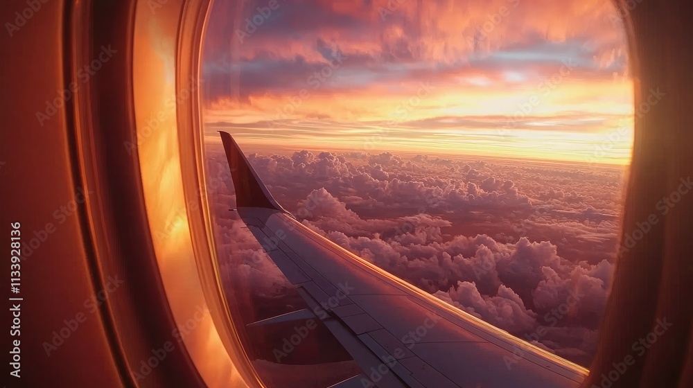 Poster looking out of an airplane window at sunset, with warm colors reflecting on the clouds and wing.