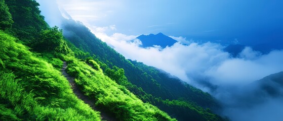 Misty mountain trail adventure lush green hills nature photography foggy environment scenic view