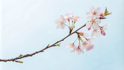  "A simple background with a single sakura branch in the upper corner. The colors are soft, with a white or light blue background, leaving plenty of free space."
