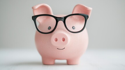 A cute piggy bank wearing glasses, symbolizing savings and financial literacy in a playful manner.
