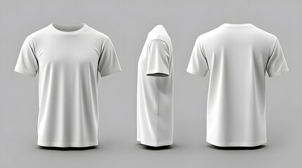 Three views of a plain white t-shirt on a grey background.