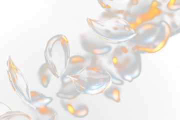 Abstract image of translucent, glowing teardrop shapes floating against a Transparent background.
