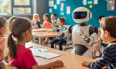A robot interacts with children in a classroom setting, promoting learning and technology.