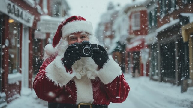 jolly figure capturing holiday memories in a snowy setting