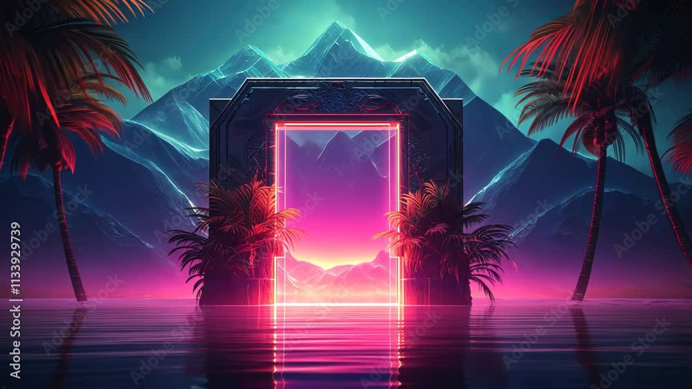 Poster mysterious door or portal with neon light in the jungle in synthwave style