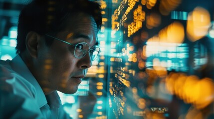 A trader analyzing market movements on a screen filled with dynamic visualizations of stock market trends