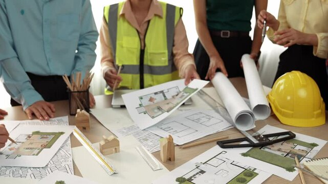 Smart architect and safety engineer discussion about building blueprint on table with architectural document, measurement tools and wooden block scatter around at modern office. Closeup. Delineation.