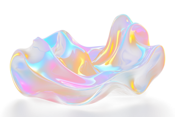 Abstract iridescent liquid form, vibrant colors, dynamic curves, 3D render.