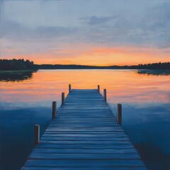 Obraz premium serene sunset over calm lake with wooden dock
