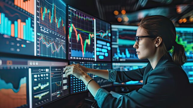 A graphic designer working on a colorful digital project on a dual-screen setup.