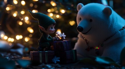 Christmas Elf and Polar Bear Sharing Festive Gifts