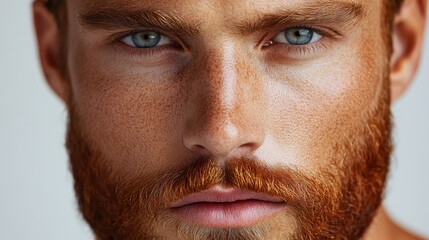 Obraz premium A close-up portrait of a man with striking blue eyes and a red beard, showcasing detailed facial features.