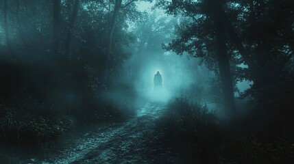 arafed man walking down a path in the woods with a foggy forest