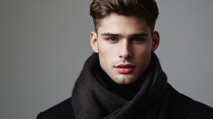 Obraz premium A young man in a minimalist outfit, with a clean-shaven face and focused expression, standing confidently in front of a smooth gray backdrop