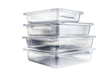 Obraz premium Isolated on a transparent background. Stack of four clear plastic storage containers on white background.