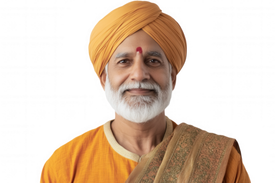 An elderly man dressed in a vibrant orange tunic and a matching turban stands against a transparent background. His gentle smile reflects warmth and kindness, showcasing traditional cultural attire an