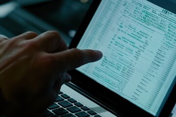 Professional Work Environment with Data Entry on a Laptop in Daylight, Focusing on Spreadsheet with Financial Information and User Interaction