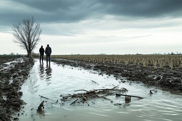 Flooded farmland with crops destroyed, water covering the entire field, two farmers standing on the edge, surveying the damage, overcast sky, natural realism