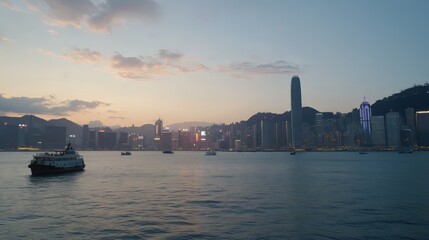 Fototapeta premium Dusk over Hong Kong harbor with a ferry sailing past the skyline.