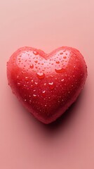 Fototapeta premium A glossy red heart is positioned on a smooth pink surface, adorned with tiny water droplets that catch the light, adding a fresh and vibrant appearance. The simple yet striking design evokes feelings 