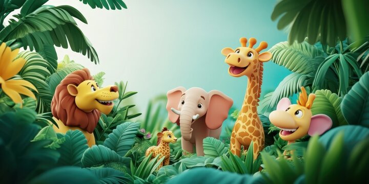 Adorable Cartoon Animals in Lush Tropical Jungle Setting A Delightful 3D Render of Playful Wildlife Amidst Vibrant Foliage