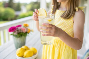 A cheerful young girl, wearing a yellow dress with polka dots, sips lemonade from a tall glass adorned with a lemon slice. Colorful flowers and fresh lemons decorate the sunny outdoor setting.