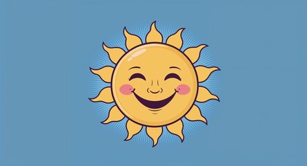 A smiling sun with rosy cheeks in a plain blue background