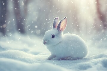 adorable white rabbit in a snowy landscape