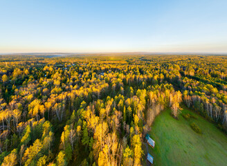 Bazhukovo, Russia. Sunrise. Early morning. Autumn landscape. Deer streams. Nature park in a wooded area. Aerial view