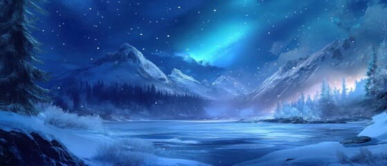 Naklejka premium serene winter landscape with northern lights over a frozen lake