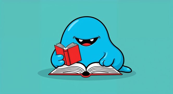 Blue blob monster reading a tiny book in plain turquoise background