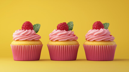 Delicious raspberry cupcakes isolated on a yellow background