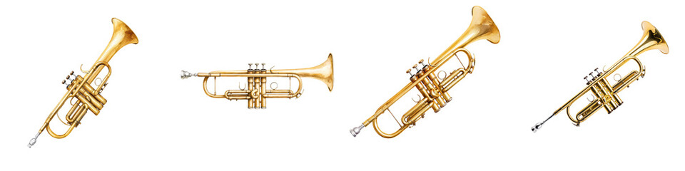 Fototapeta premium Brass trumpet a classic musical instrument used in orchestras bands and jazz performances The golden metallic horn is played by blowing air through the mouthpiece creating a rich